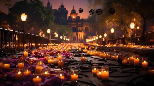 un cementerio sereno por la noche con tumbas a la luz de las velas y pétalos de caléndula