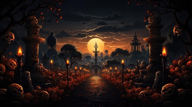 un cementerio sereno por la noche con tumbas a la luz de las velas y pétalos de caléndula
