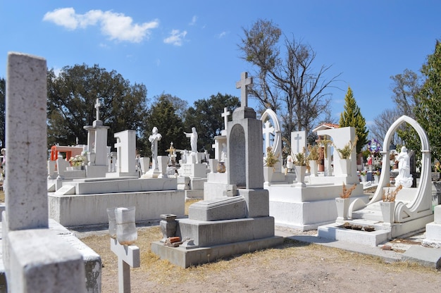 Cementerio con tumbas imágenes religiosas árboles verdes y cielo despejado