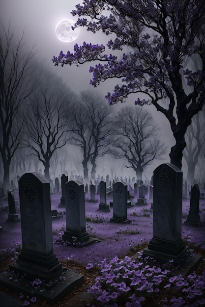 Cementerio con tumbas de niebla árboles morados y hojas moradas en el suelo