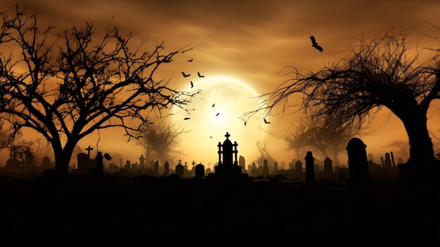 Cemitério assustador à noite com uma lua cheia Imagem de estoque facilmente descoberta com IA gerativa