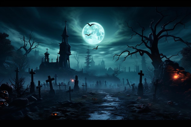 Cemitério assustador do anoitecer à noite enfeita o papel de parede de Halloween evocando um estranho encantamento noturno