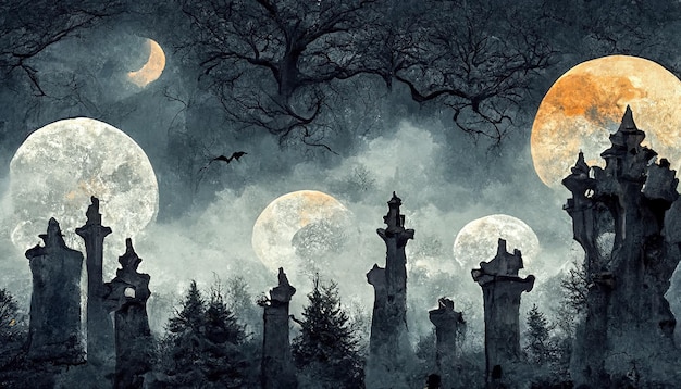 Cemitério cemitério para castelo Em Spooky assustador escuro Noite lua cheia