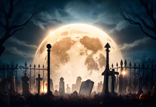 cemitério de fundo de halloween com lua cheia ai gerado