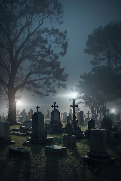 Cemitério e noite de Halloween assustador
