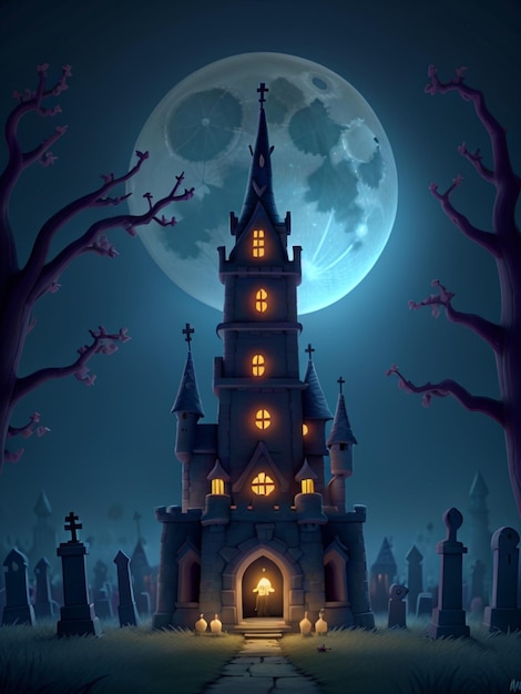 cemitério fofo desenho animado mítico minúsculo horror abandonado castelo cena noturna cinematográfico cor escura luz