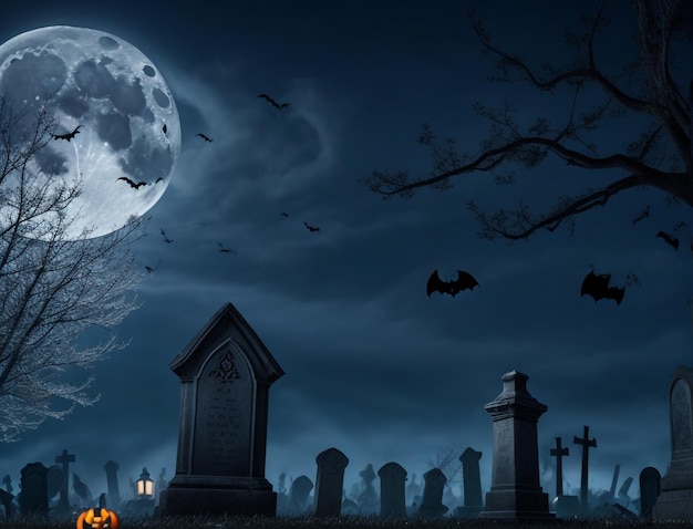 Cemitério na assustadora floresta da morte na noite de Halloween