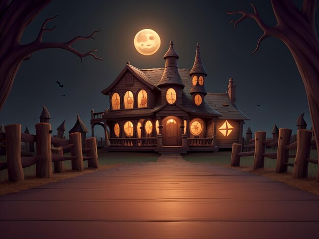 Cemitério na noite de Halloween com morcegos abóboras malvados e ao fundo um castelo assombrado