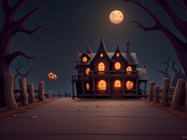 Cemitério na noite de Halloween com morcegos abóboras malvados e ao fundo um castelo assombrado