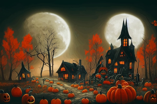 Cemitério na noite de halloween com morcegos de abóboras malvadas e ao fundo um castelo assombrado e a bandeira da lua cheia