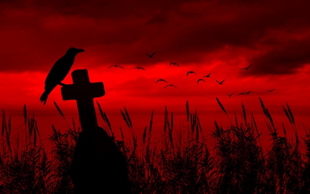 Cemitério panorâmico com um corvo em uma cruz