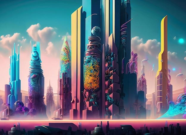 Cena 3D da cidade futura Ilustração do conceito criativo da paisagem urbana futurista com fantásticas torres de arranha-céus, edifícios altos, veículos voadores, panorama da cidade da metrópole de ficção científica em fundo colorido