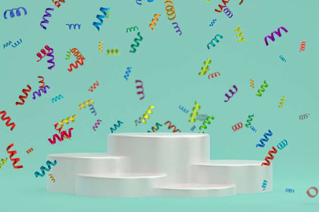 Cena abstrata com renderização 3d de fundo com pódio branco, confetes e fitas multicoloridas para festival