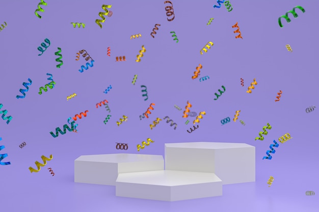 Cena abstrata fundo roxo renderização em 3d com pódio branco, confetes e fitas multicoloridas para o festival