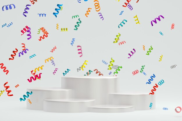 Cena abstrata renderização em 3d de fundo branco com pódio branco, confetes e fitas multicoloridas para festival