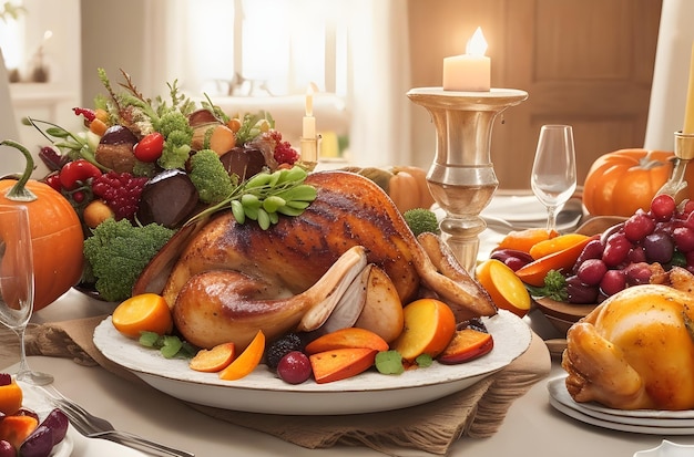 Cena de Acción de Gracias con una deliciosa comida pavo asado verduras frutas caseras gourmet