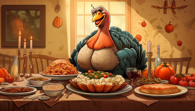 cena de acción de gracias de pavo de divertidos dibujos animados