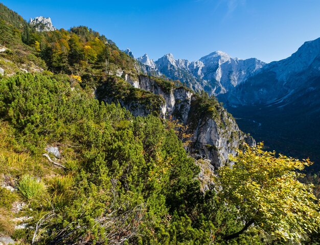 Cena alpina de outono colorida ensolarada Vista pacífica da montanha rochosa do caminho de caminhada perto do lago Almsee, Alta Áustria