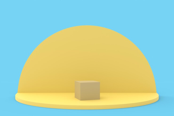 Foto cena amarela no espaço 3d no meio do qual há um cubo no qual você pode colocar algo renderizado em 3d