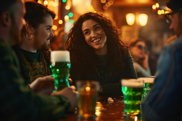 Cena animada de um pub no dia de são patrício com cerveja verde