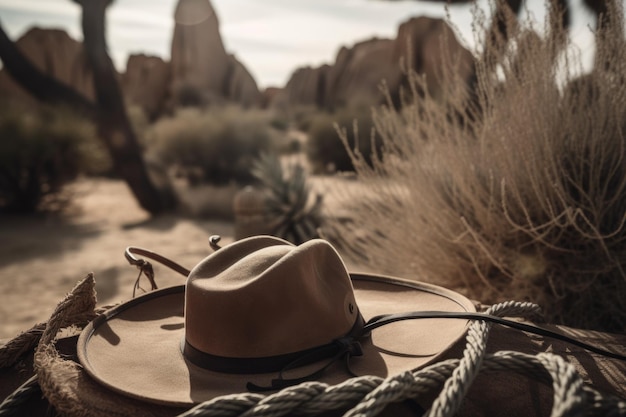 Foto cena ao ar livre com corda de chapéu de cowboy e cavalo na selva criado com ia generativa