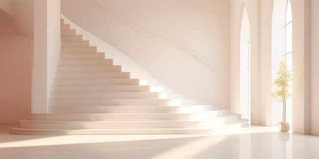 cena arquitetônica minimalista mostrando a elegância de uma única escada branca contra um fundo de tons neutros e luz natural IA geradora