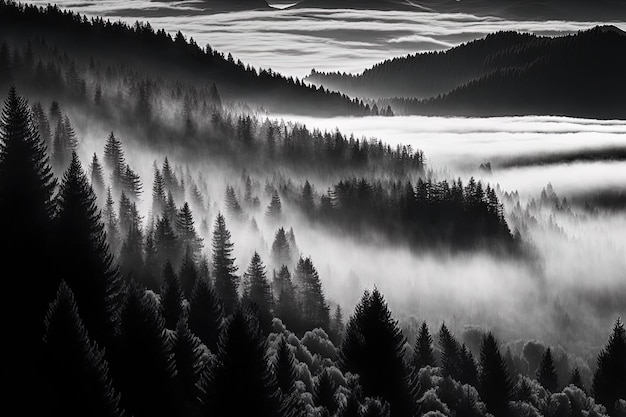 Cena arrebatadora de uma floresta com neblina matinal