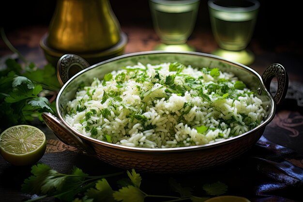 Cena de arroz con cilantro y lima Receta Fotografía de comida