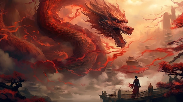 Foto cena assustadora de conto de fadas de um dragão de fogo que invade a cidade e queimou tudo generative ai