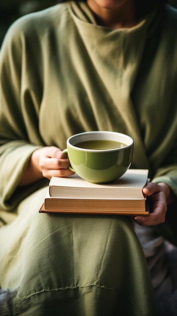 Cena calma de mãos aconchegando uma chávena de chá verde com um livro de atenção mental nas proximidades