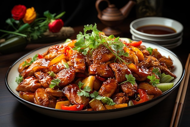 Cena de carne apetitosa con carne de cerdo asada con salsa dulce