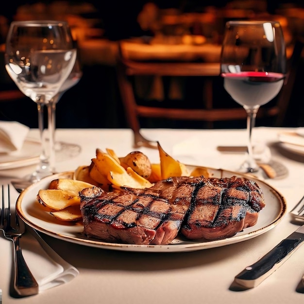 Cena con carne en restaurante vista por Ai