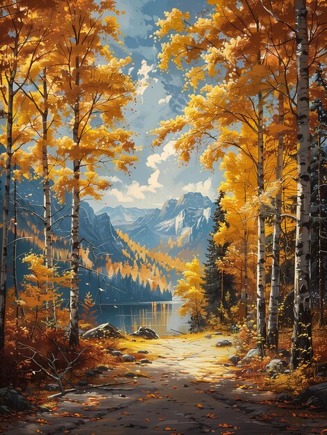 cena cênica lago árvores espalhadas flocos dourados coerente picos brilhantes prata amarelo imaculado
