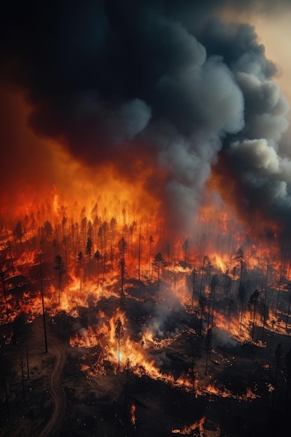 Cena cinematográfica de incêndios florestais uma ameaça ao nosso ambiente