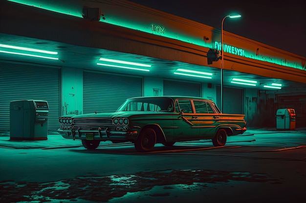 Cena cinematográfica estacionada em carros antigos com luzes de neon
