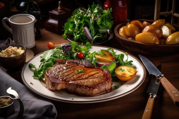 Cena clásica de bistec y papas con ensalada verde al lado