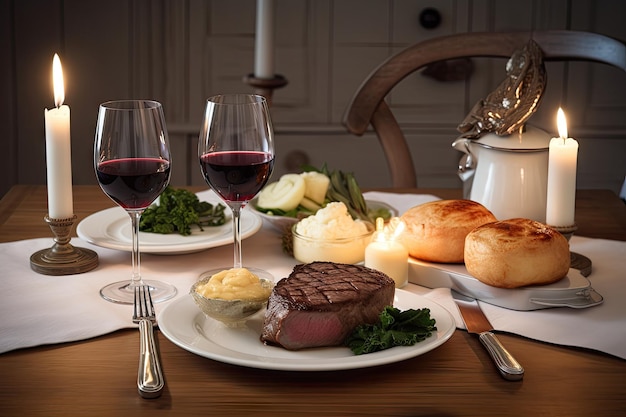 Cena clásica de bistec y patatas para dos a la luz de las velas y vino