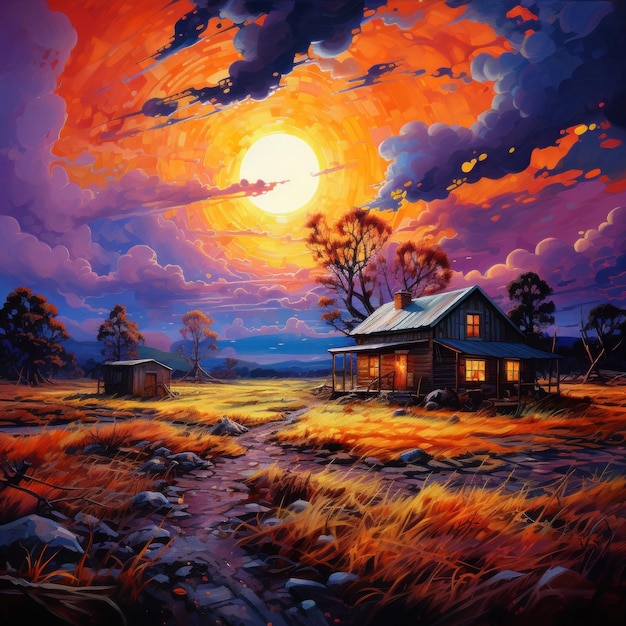 Cena colorida do pôr do sol com casa de campo em um fundo de montanha em estilo de pintura a óleo