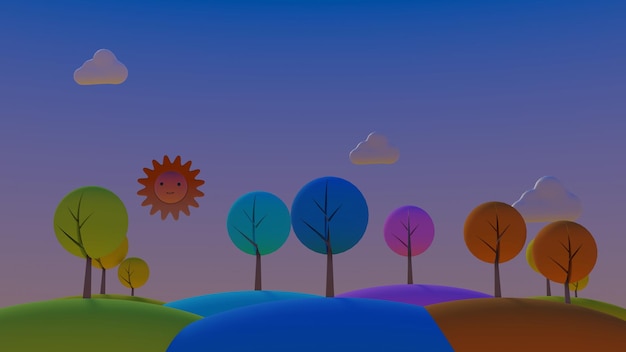 Cena colorida dos desenhos animados da árvore na colina do terraço de arroz com fundo do céu por do sol (renderização em 3D)