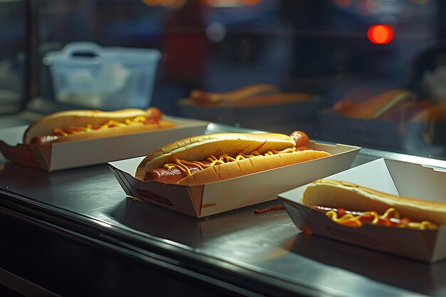 Cena com cachorros-quentes de fast food em caixa de papel de comida
