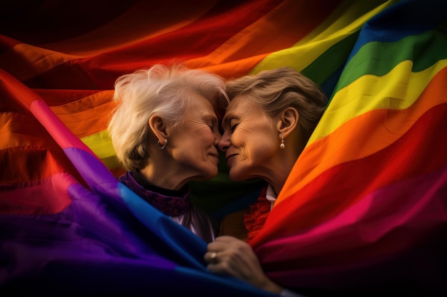 Foto cena com duas mulheres mais velhas lésbicas envoltas na bandeira do arco-íris