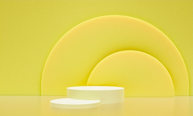 Cena com pódio de cor amarela para apresentação de simulação em estilo minimalista com espaço de cópia, desenho de fundo abstrato 3D render