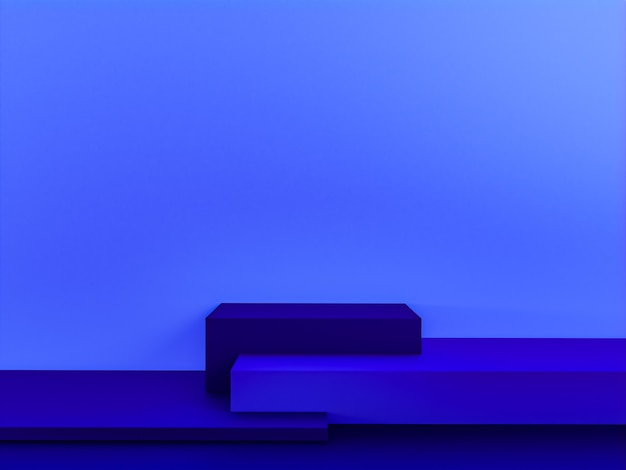 Cena com pódio de cor azul para apresentação de simulação em estilo minimalista com espaço de cópia, desenho de fundo abstrato 3D render