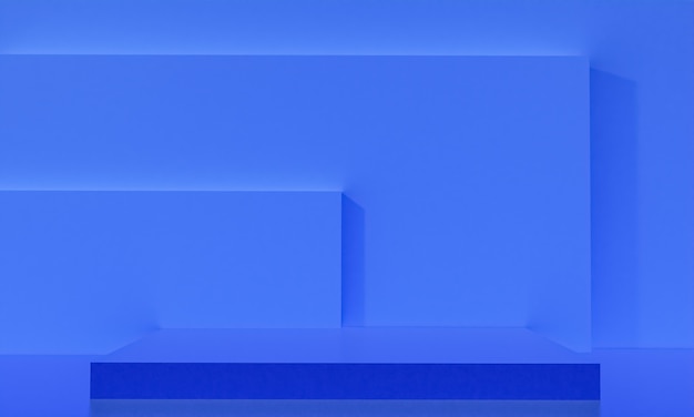 Cena com pódio de cor azul para apresentação de simulação em estilo minimalista com espaço de cópia, desenho de fundo abstrato 3D render