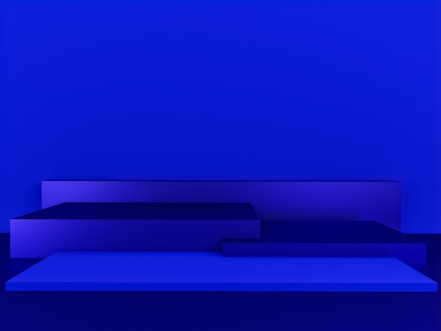 Cena com pódio de cor azul para apresentação de simulação em estilo minimalista com espaço de cópia, desenho de fundo abstrato 3D render