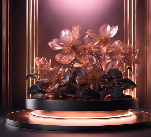 Cena com pódio para apresentação simulada com tema floral abstrato iluminação neon