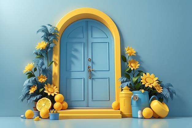 Cena conceitual mínima de coisas de verão em uma porta azul em fundo amarelo renderização 3D