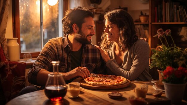 Cena convidativa de um casal compartilhando uma pizza em uma noite de encontro romântico em casa na pizzeria