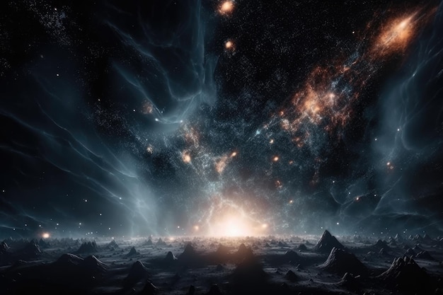 Cena cósmica com céu estrelado e nuvens de poeira interestelar