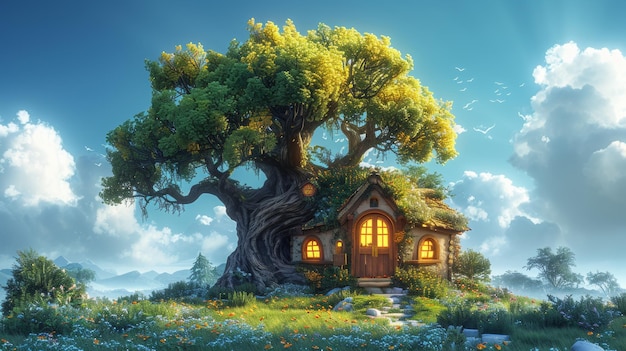 Cena da Casa da Árvore Uma cena de arte realista e fantástica em estilo de desenho animado, papel de parede, história de fundo e design de cartão de saudação